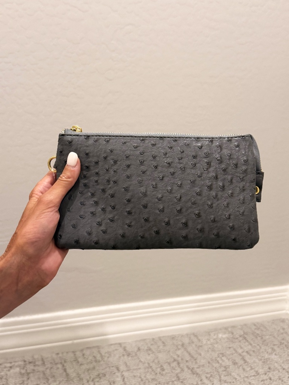 Ostrich Embossed Faux Leather Clutch Gray Zip Pouch Clutch